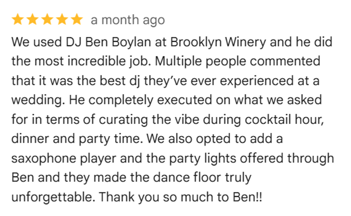5-star review praising DJ Ben Boylan at Brooklyn Winery, with text about a memorable wedding, saxophone, and dance floor.