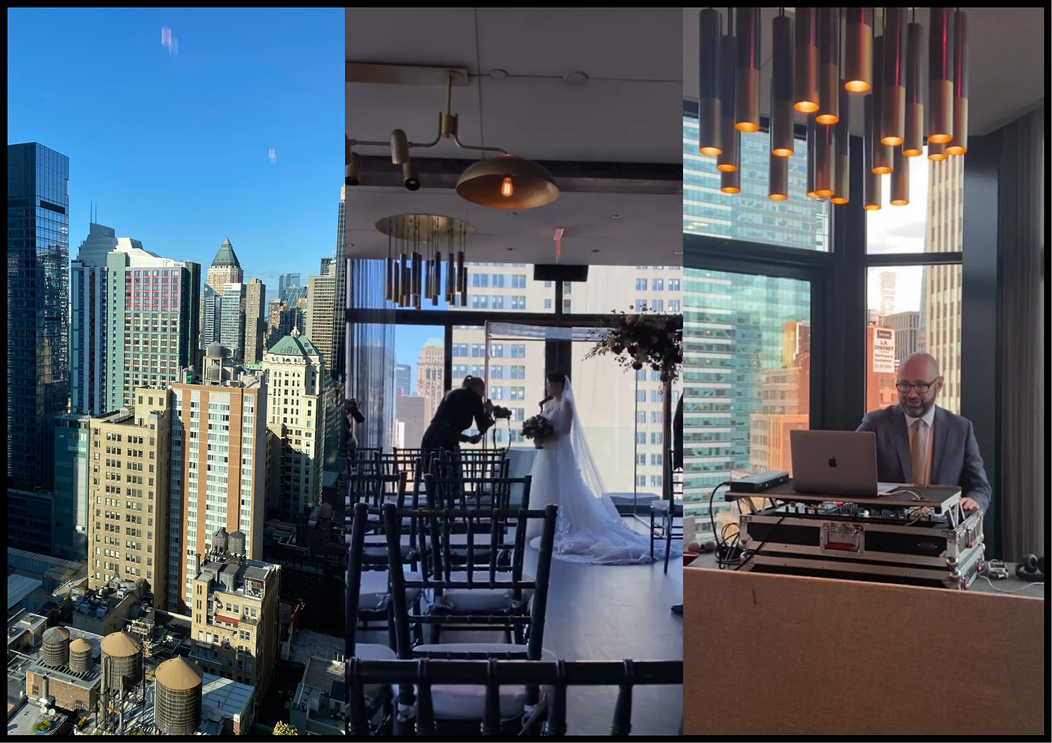 nyc wedding dj skylark wedding Three-panel collage: city skyline, a bride and photographer at an indoor wedding, and a DJ at a laptop by a window.