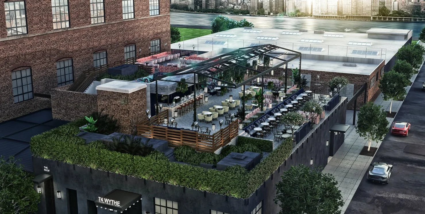 nyc 74 wythe wedding dj Rooftop bar and lounge on a brick building with tables, greenery, and glass canopy; sign reads 74 WYTHE and THE ROOF.