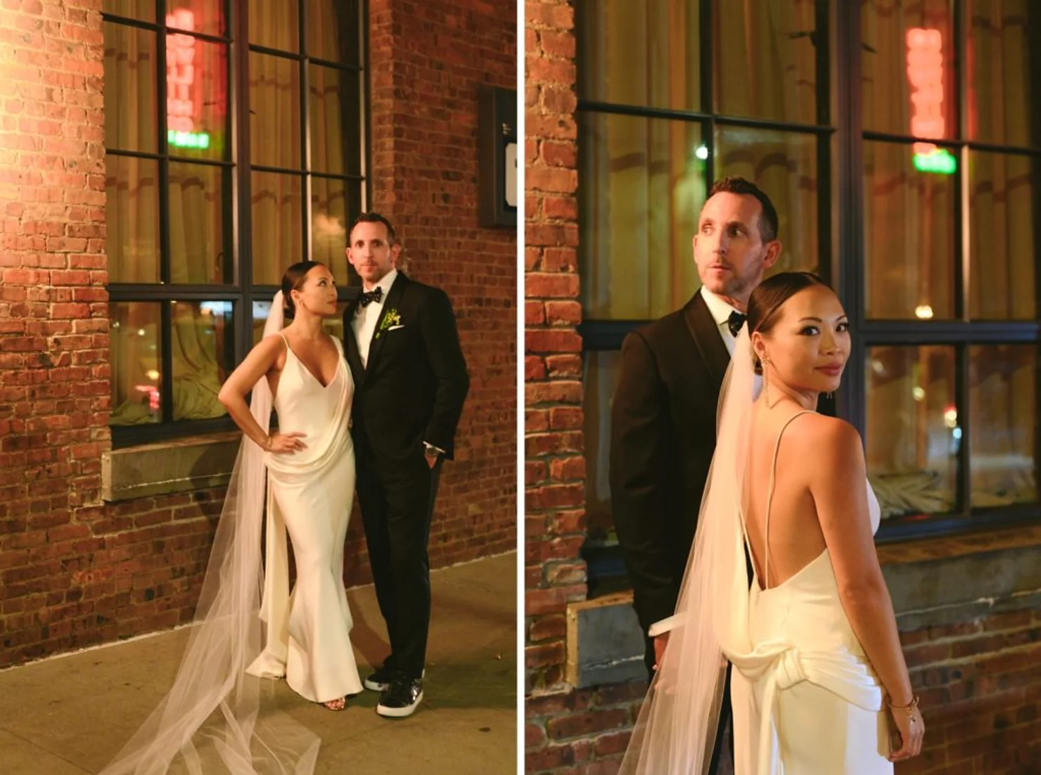 nyc weddind dj Bride in white gown and veil poses with groom in black tuxedo against a brick wall at night, looking elegant.
