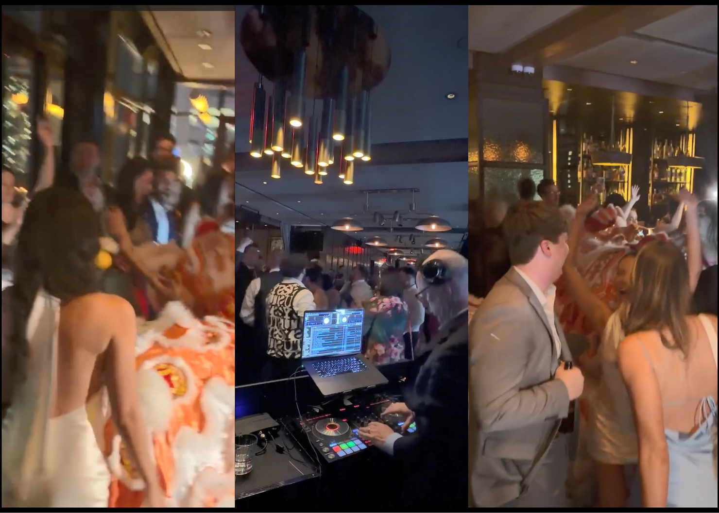 nyc wedding dj skylark wedding Split-screen nightclub party with DJ at mixer and guests dancing and cheering under warm pendant lights.